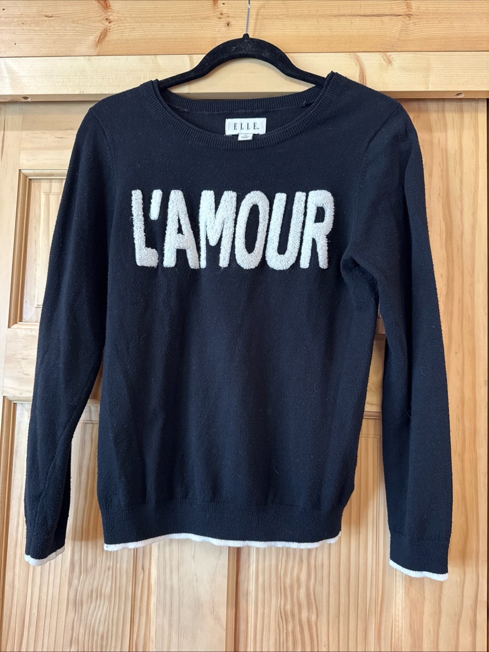 Elle Black Crewneck Sweater with White L'AMOUR Chenille
